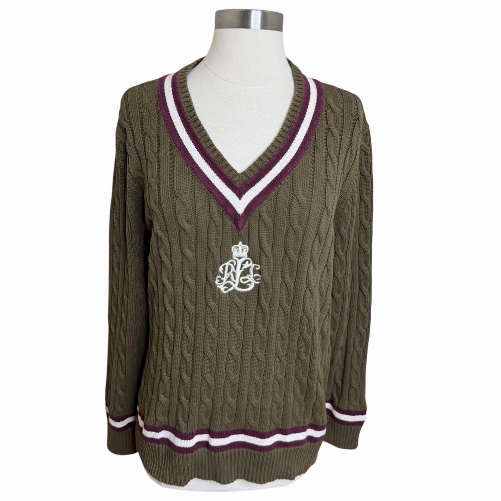 Lauren Ralph Lauren Crest Sweater 1X Plus Olive Green Cable Knit Cricket Preppy